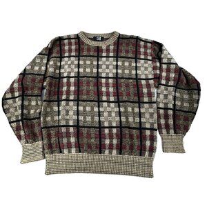 Vtg TSR Plaid Grandpa Sweater Crewneck Mens Large Checkered Long Sleeve
